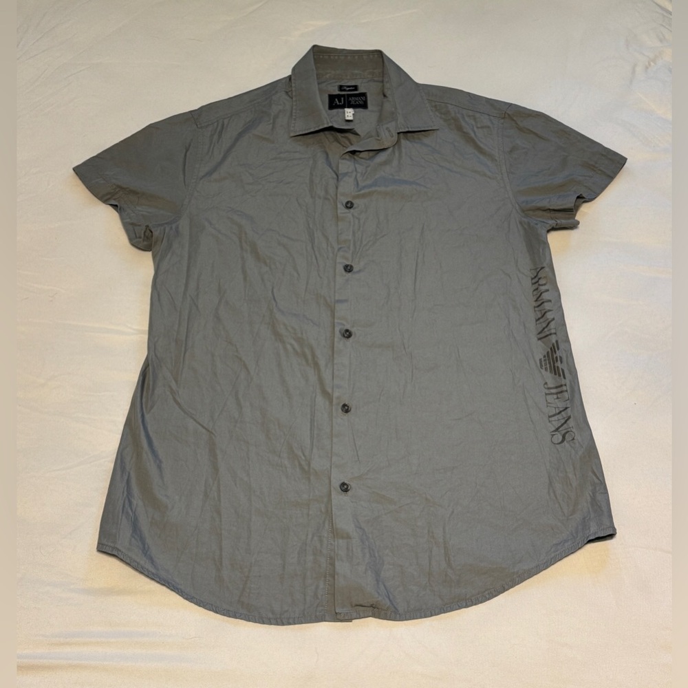 Men's Gray Armani Jeans By Giorgio Armani Short Sleeve Button Up Shirt